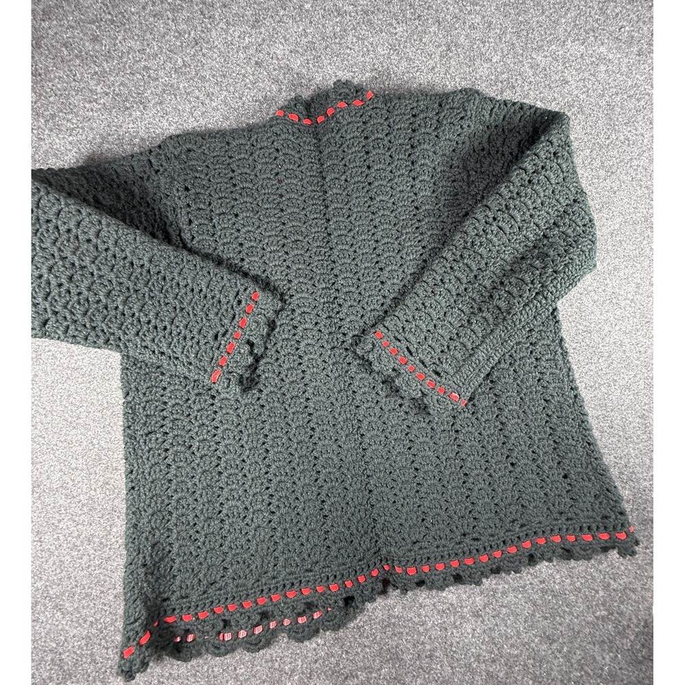 Vintage Handmade Grandma Sweater Womens Large Navy Blue Open‎ Cardigan Red Trim - Picture 7 of 9
